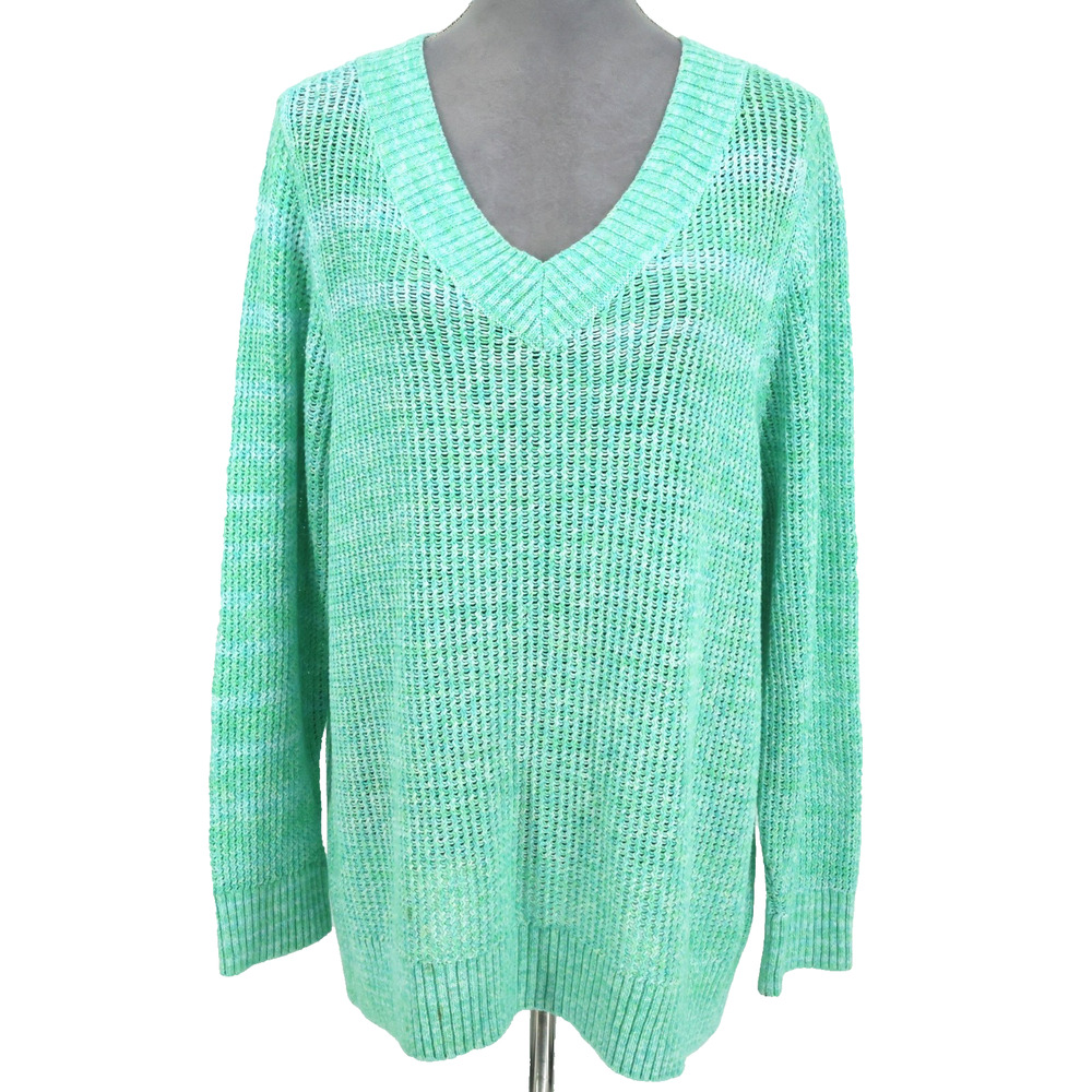 Talbots Sweater Plus Size 2X Green Cotton Chunky Knit Tunic Pullover V neck